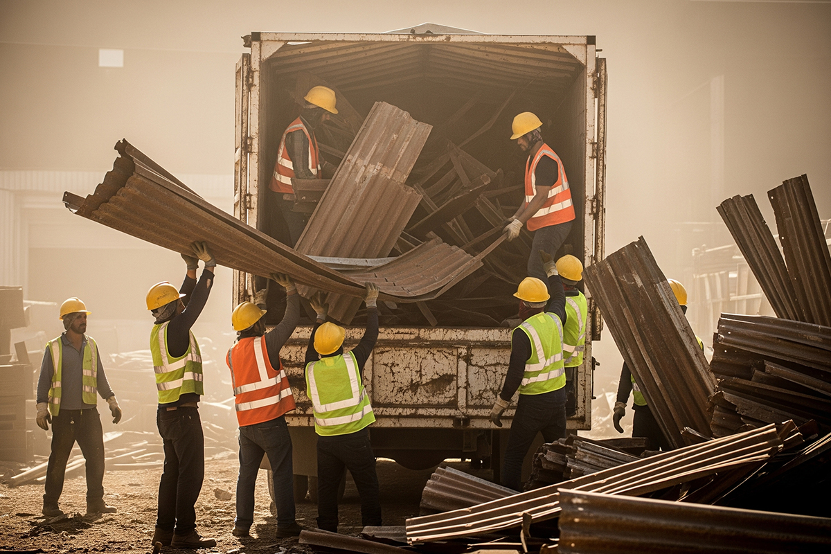 Kinh nghiệm thanh lý phế liệu công trình – nên làm việc thế nào để nhanh gọn? Nhóm công nhân bốc xếp phế liệu công trình lên xe tải.