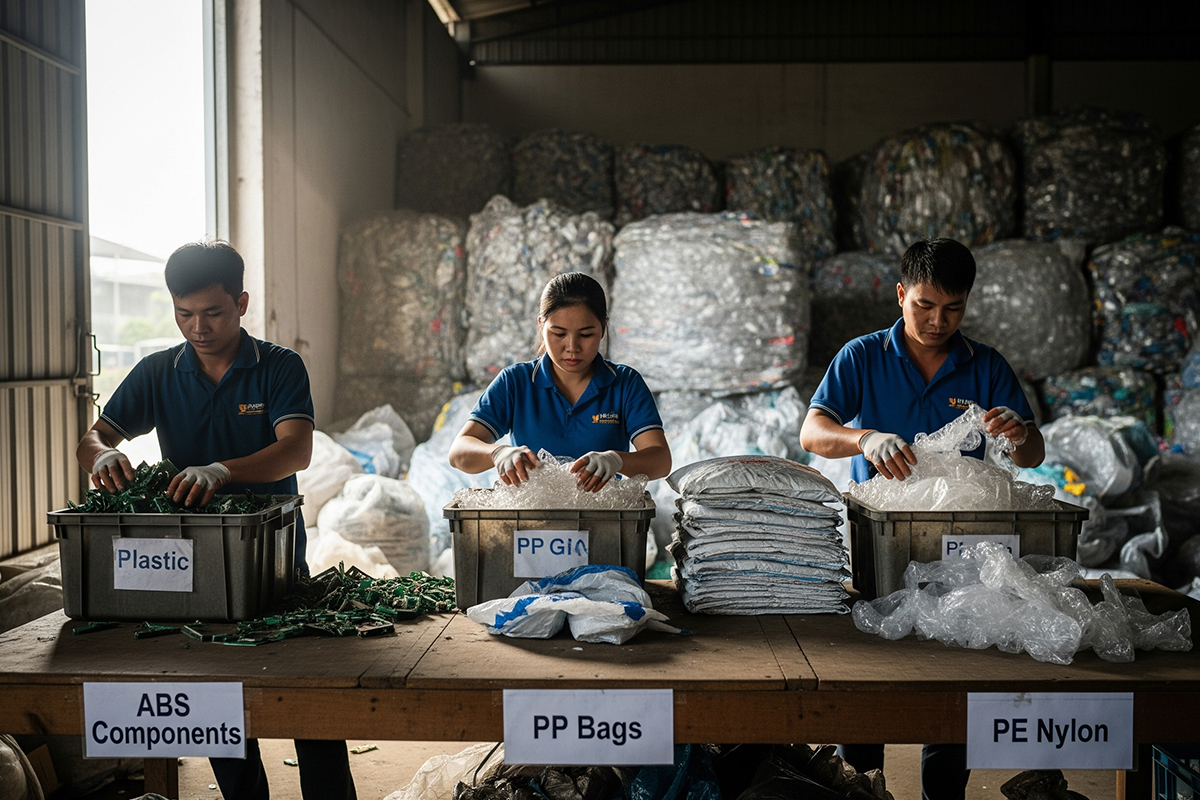 Phế liệu nhựa ABS, PP, PE khác nhau như thế nào? Công nhân cơ sở phế liệu ở Việt Nam đang phân loại nhựa ABS, PP, PE để tái chế và bán ra thị trường.