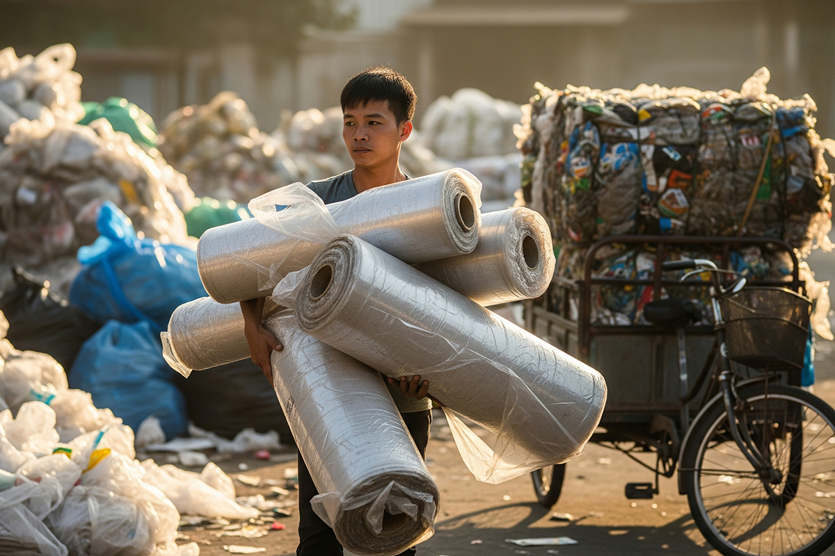 Phế liệu nhựa ABS, PP, PE khác nhau như thế nào? Màng nhựa PE phế liệu trong suốt được thu hồi từ túi nilon, màng bọc, ống dẫn nhựa tại bãi phế liệu.
