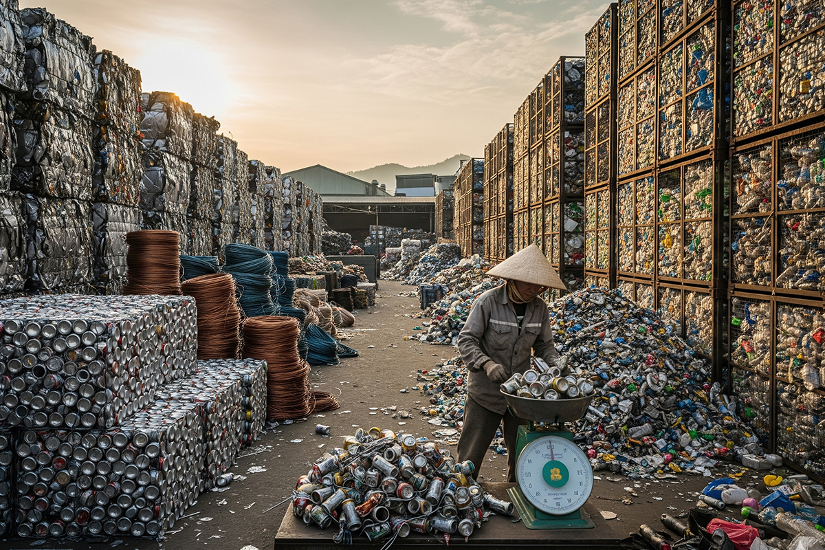 Kho phế liệu tại Hiệp Phước được phân loại sắt, nhôm, nhựa; công nhân cân đo và kiểm tra giá trị.