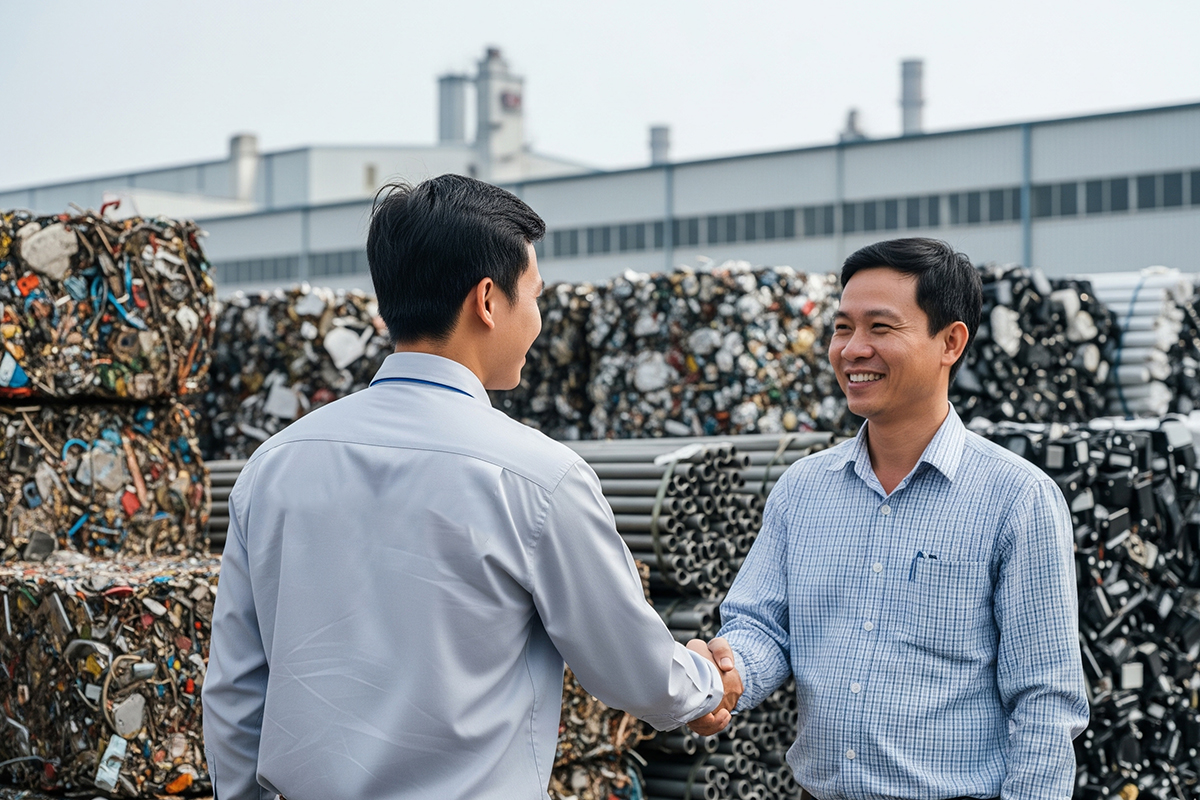Nhân viên thu mua phế liệu tại KCN Hiệp Phước bắt tay chủ xưởng, phế liệu đã được thu gom gọn gàng.